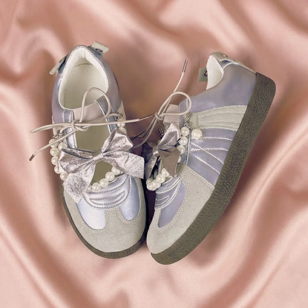 Balletcore Metallic Grey Bow Heart Sneakers - Women's