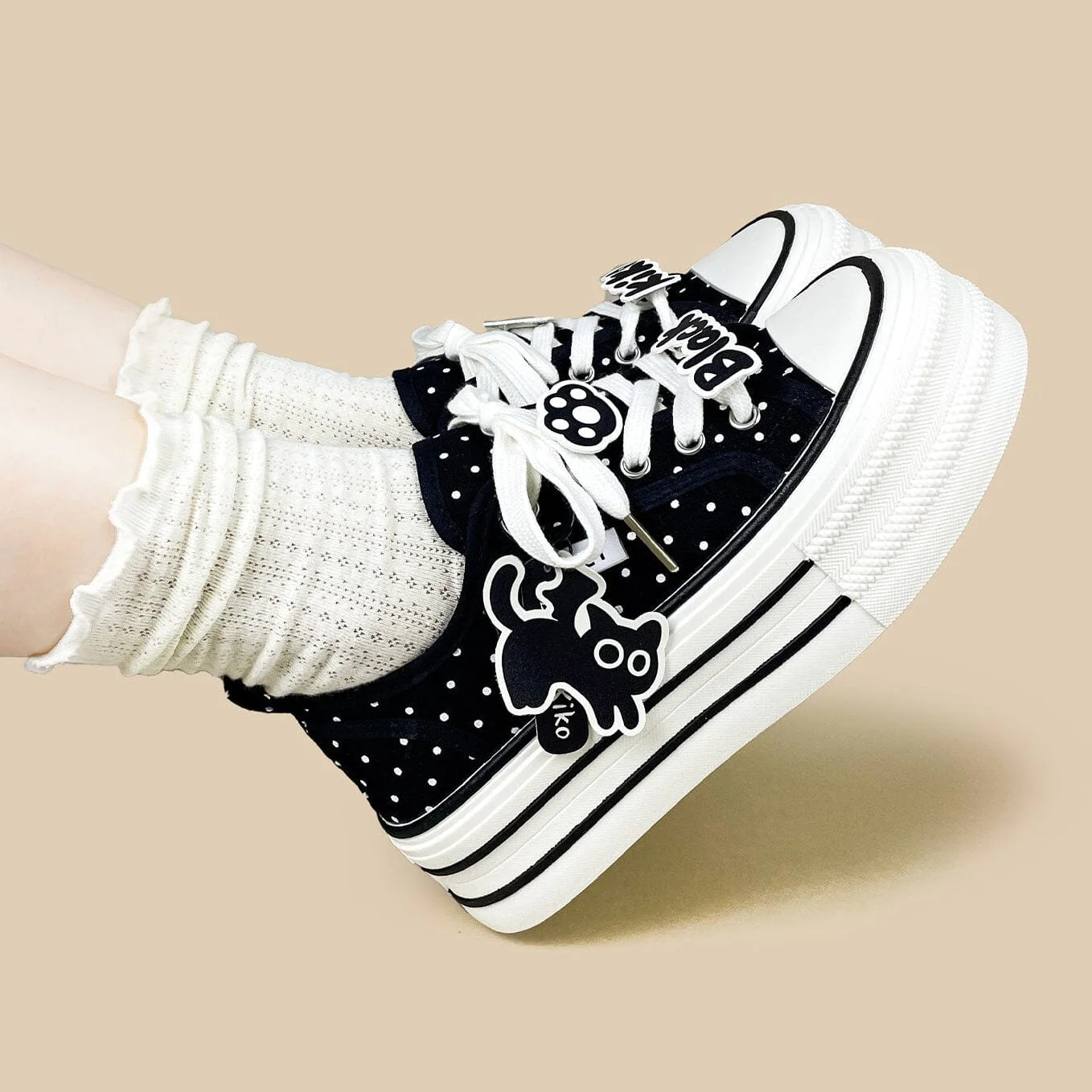 Black Kiko Polka Dot Kawaii Platform Canvas Sneakers – Women's - Image 10