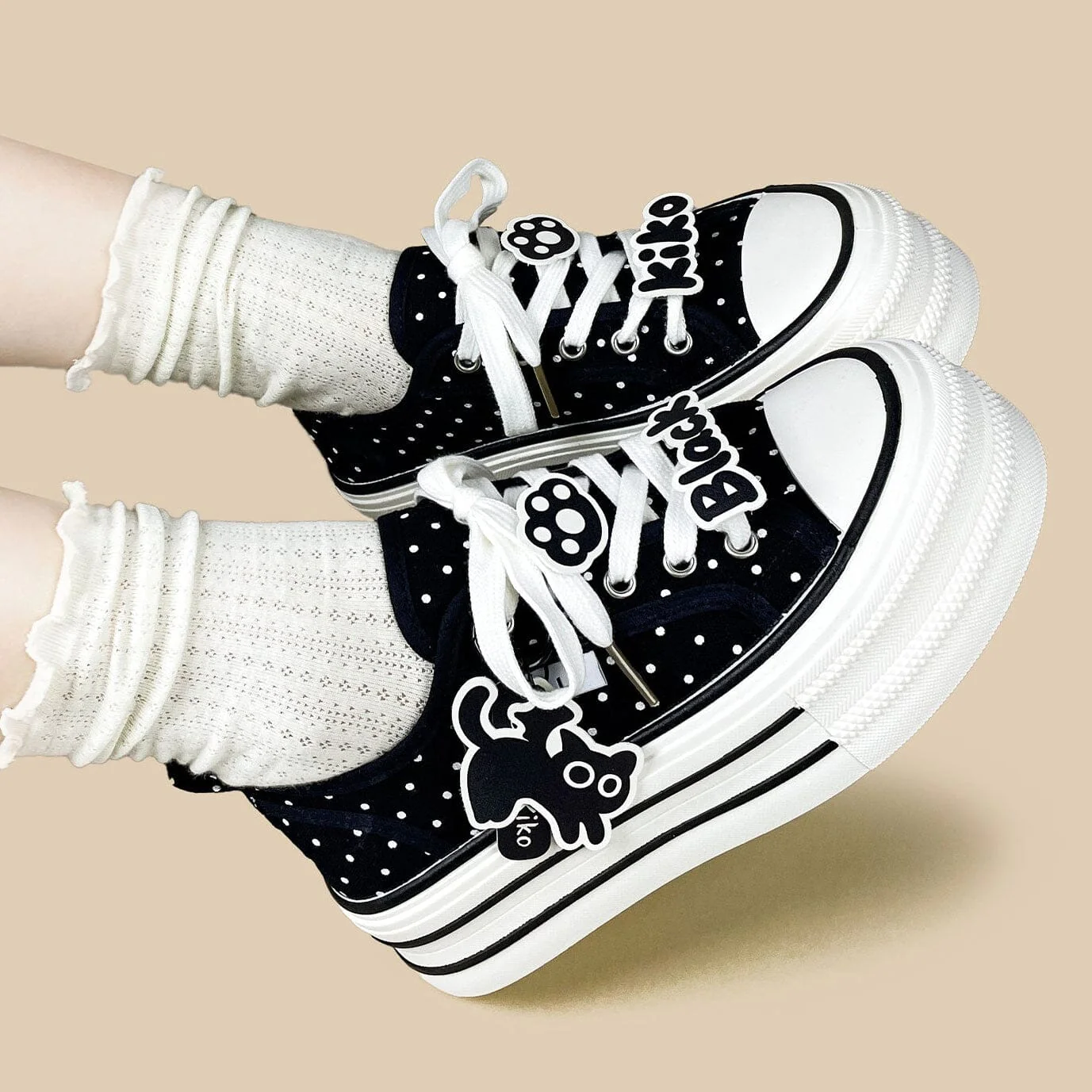 Black Kiko Polka Dot Kawaii Platform Canvas Sneakers – Women's - Image 6