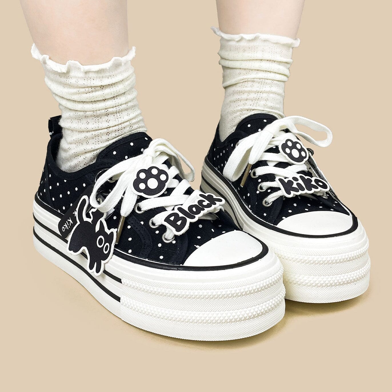 Black Kiko Polka Dot Kawaii Platform Canvas Sneakers – Women's - Image 7