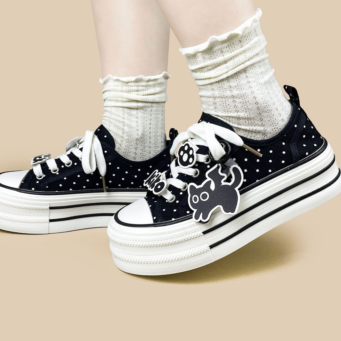 Black Kiko Polka Dot Kawaii Platform Canvas Sneakers – Women's - Image 8
