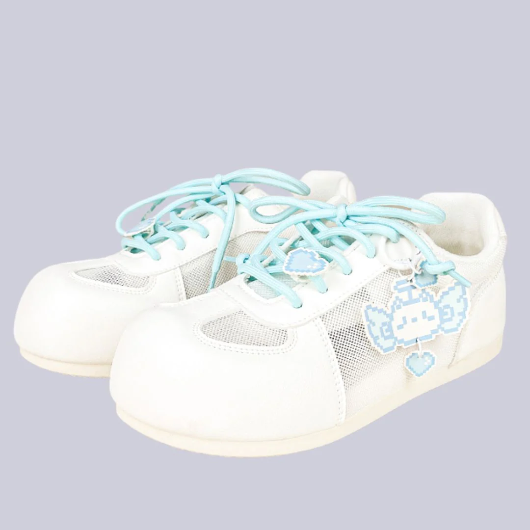 Blue Pixel Cat Charm White Mesh Sneakers – Women’s