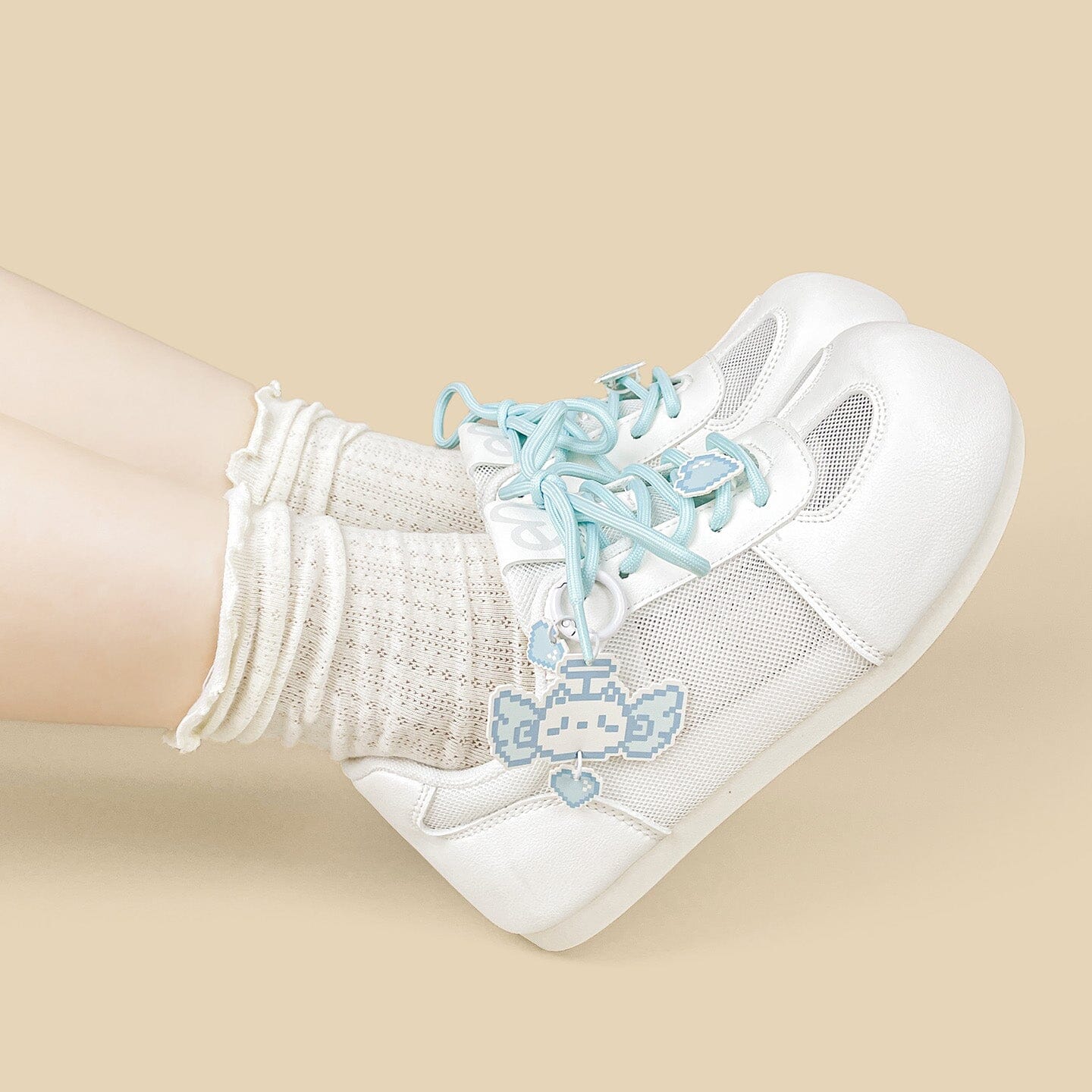 Blue Pixel Cat Charm White Mesh Sneakers – Women’s - Image 10