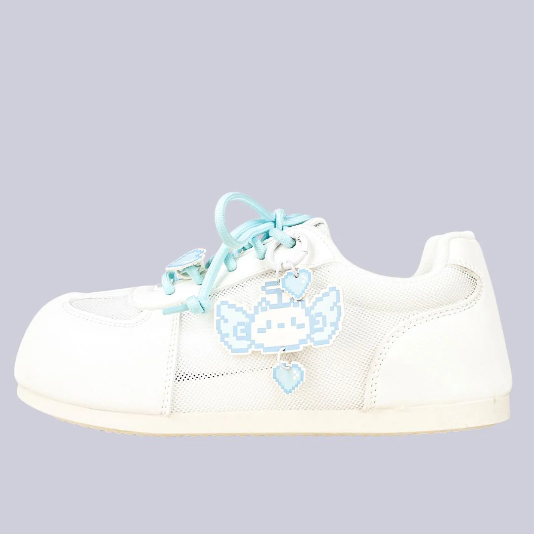 Blue Pixel Cat Charm White Mesh Sneakers – Women’s - Image 2
