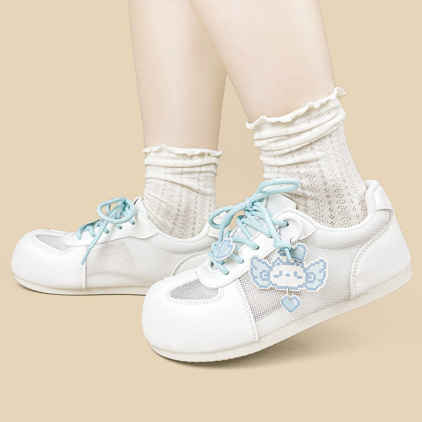Blue Pixel Cat Charm White Mesh Sneakers – Women’s - Image 8