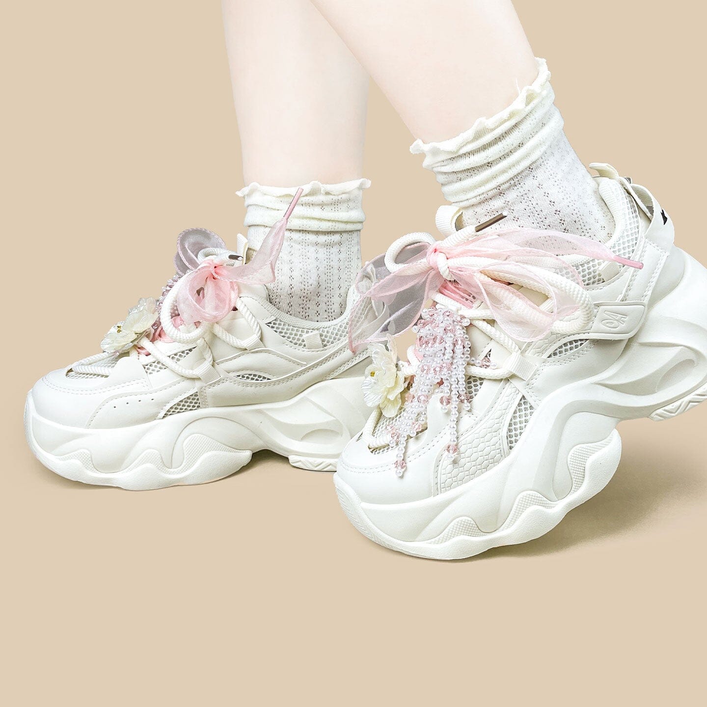 Cherry Blossom Pearl Kawaii Chunky Sneakers – Unisex - Image 8