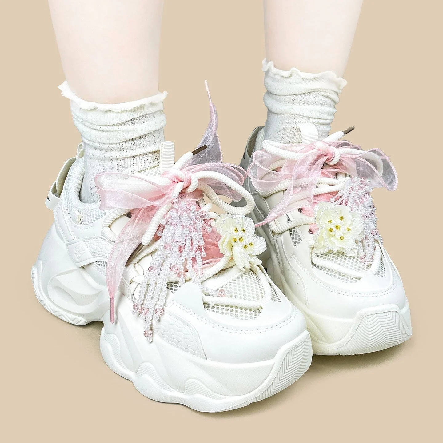 Cherry Blossom Pearl Kawaii Chunky Sneakers – Unisex - Image 9