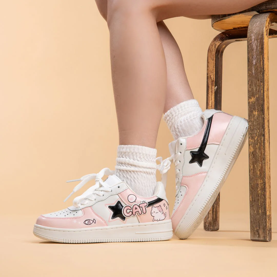*CLEARANCE* Hand Painted Loving Cat Strawberry Milk Pink Sneakers - Unisex - Image 10