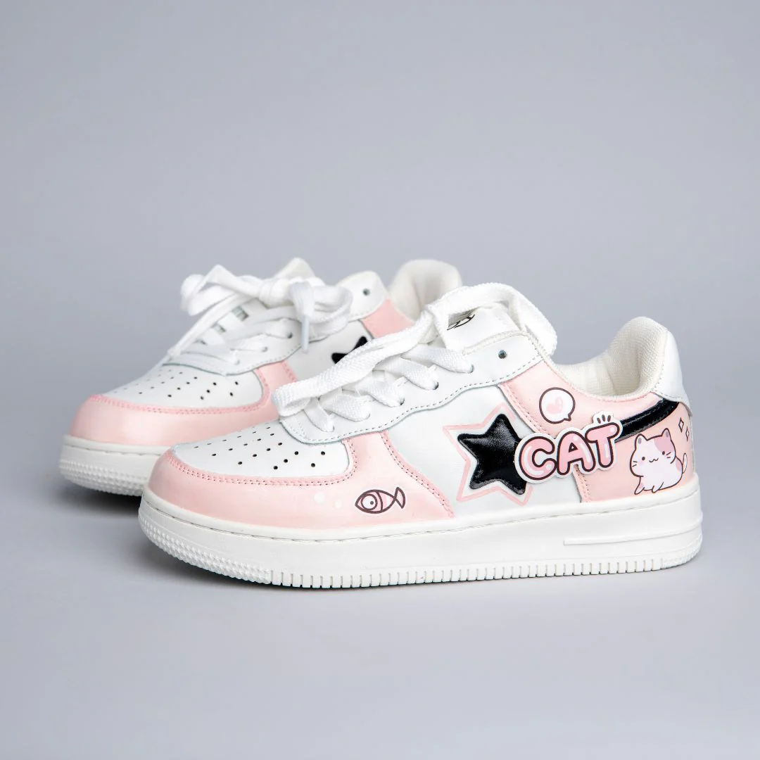 *CLEARANCE* Hand Painted Loving Cat Strawberry Milk Pink Sneakers - Unisex - Image 3