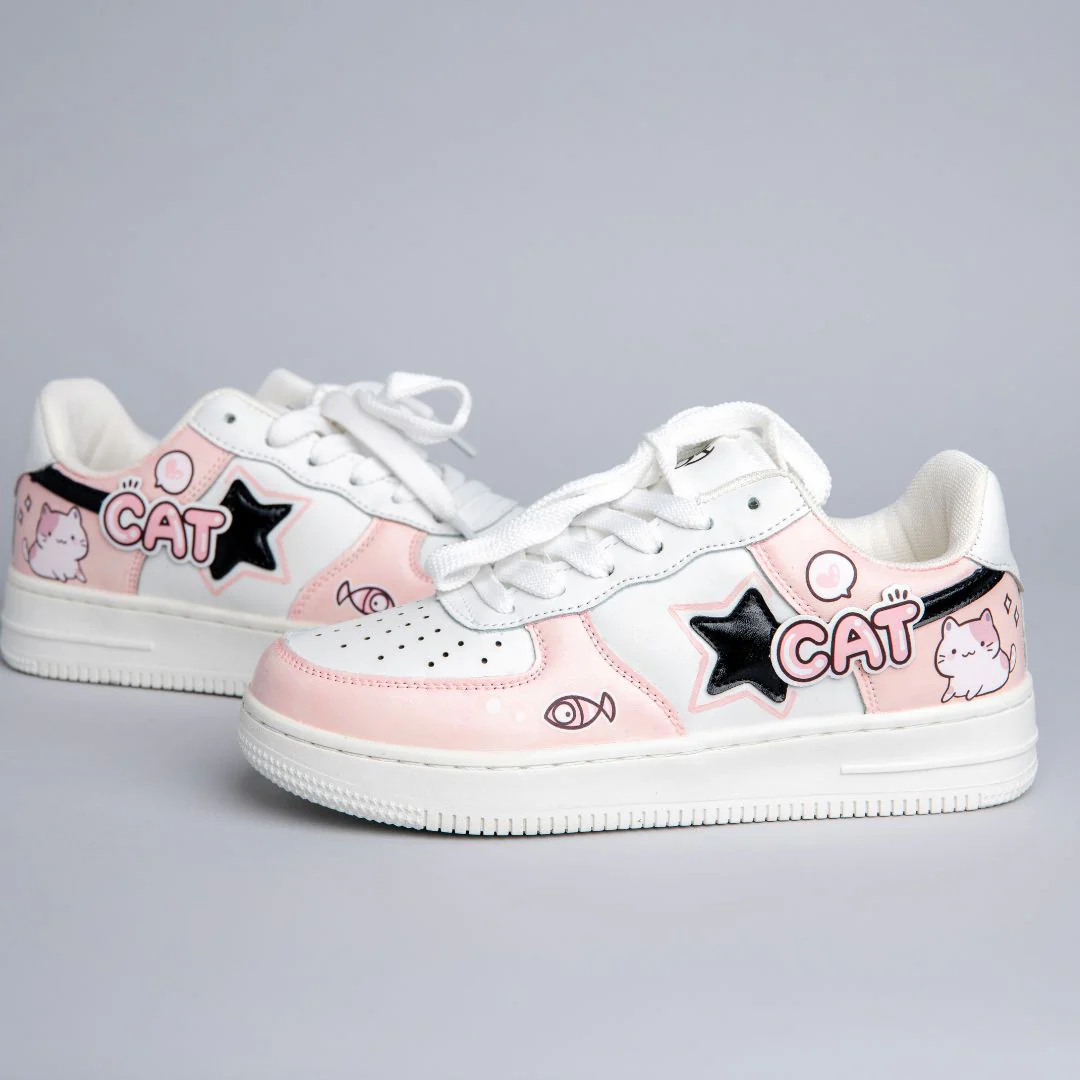 *CLEARANCE* Hand Painted Loving Cat Strawberry Milk Pink Sneakers - Unisex - Image 4