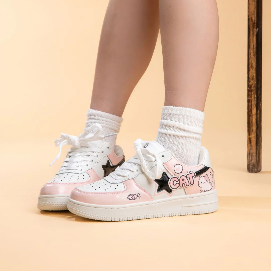 *CLEARANCE* Hand Painted Loving Cat Strawberry Milk Pink Sneakers - Unisex - Image 8