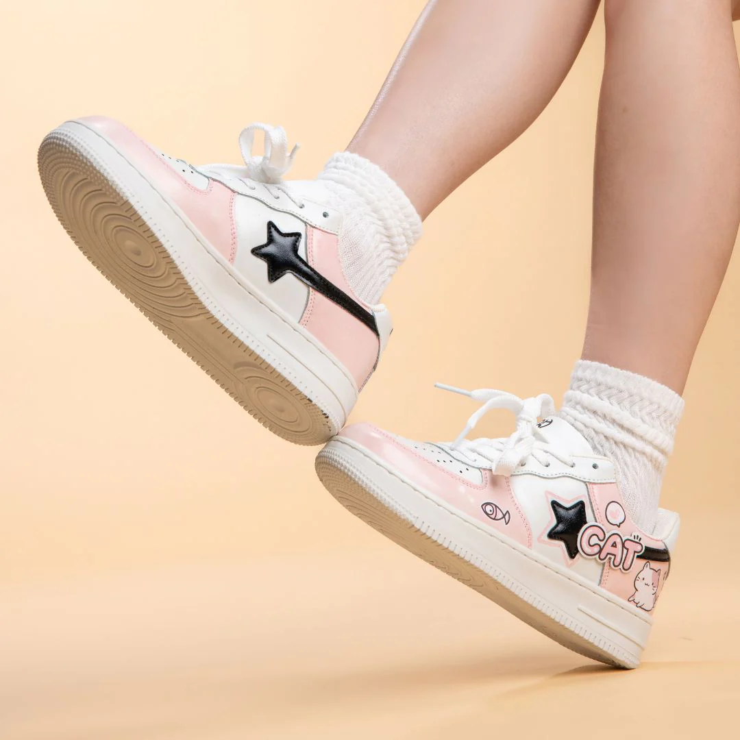 *CLEARANCE* Hand Painted Loving Cat Strawberry Milk Pink Sneakers - Unisex - Image 9