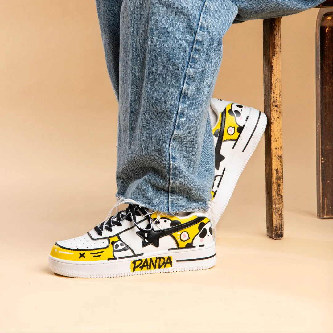 *CLEARANCE* Hand Painted Yellow Panda Casual White Shoes - Unisex - Image 4