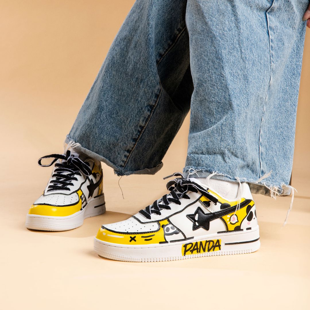 *CLEARANCE* Hand Painted Yellow Panda Casual White Shoes - Unisex - Image 5