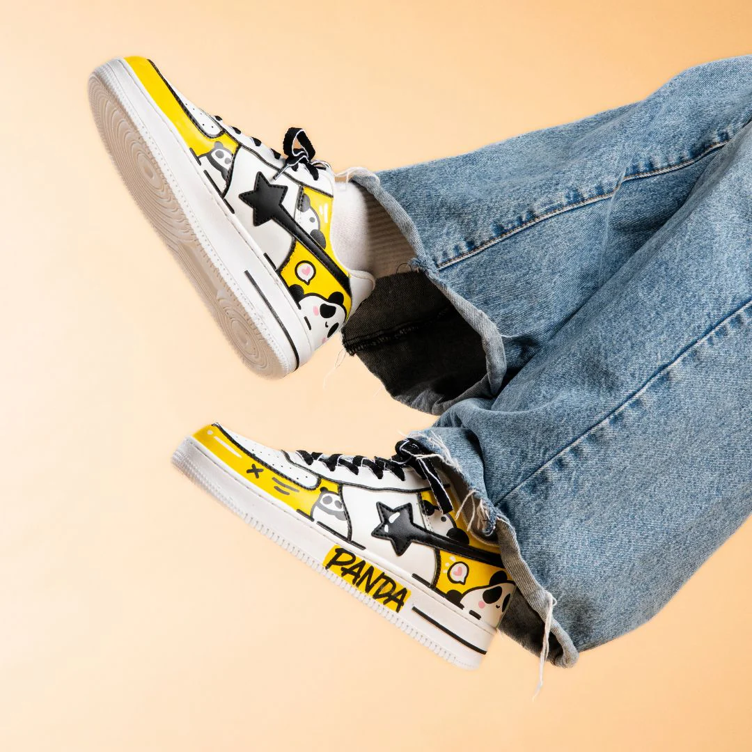 *CLEARANCE* Hand Painted Yellow Panda Casual White Shoes - Unisex - Image 6