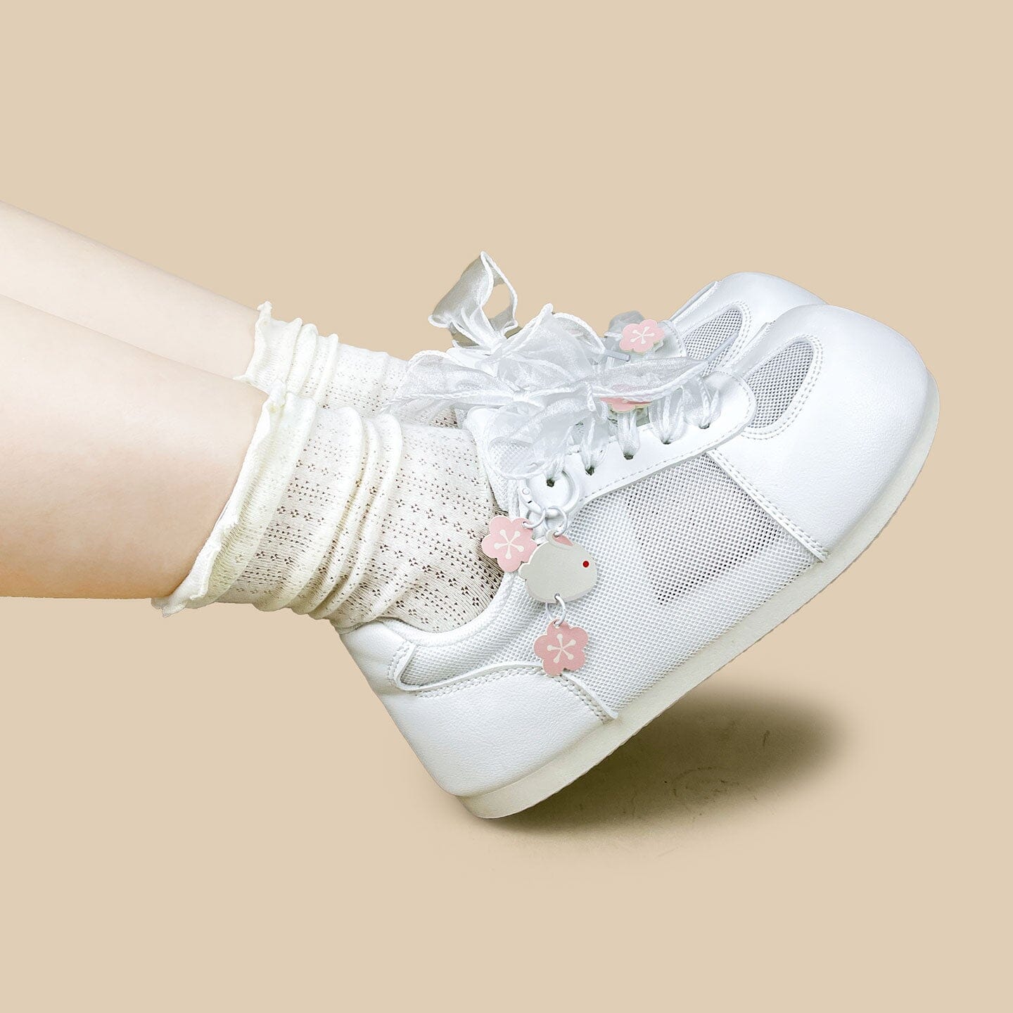 Sakura Bunny Charm White Mesh Sneakers – Women’s - Image 8