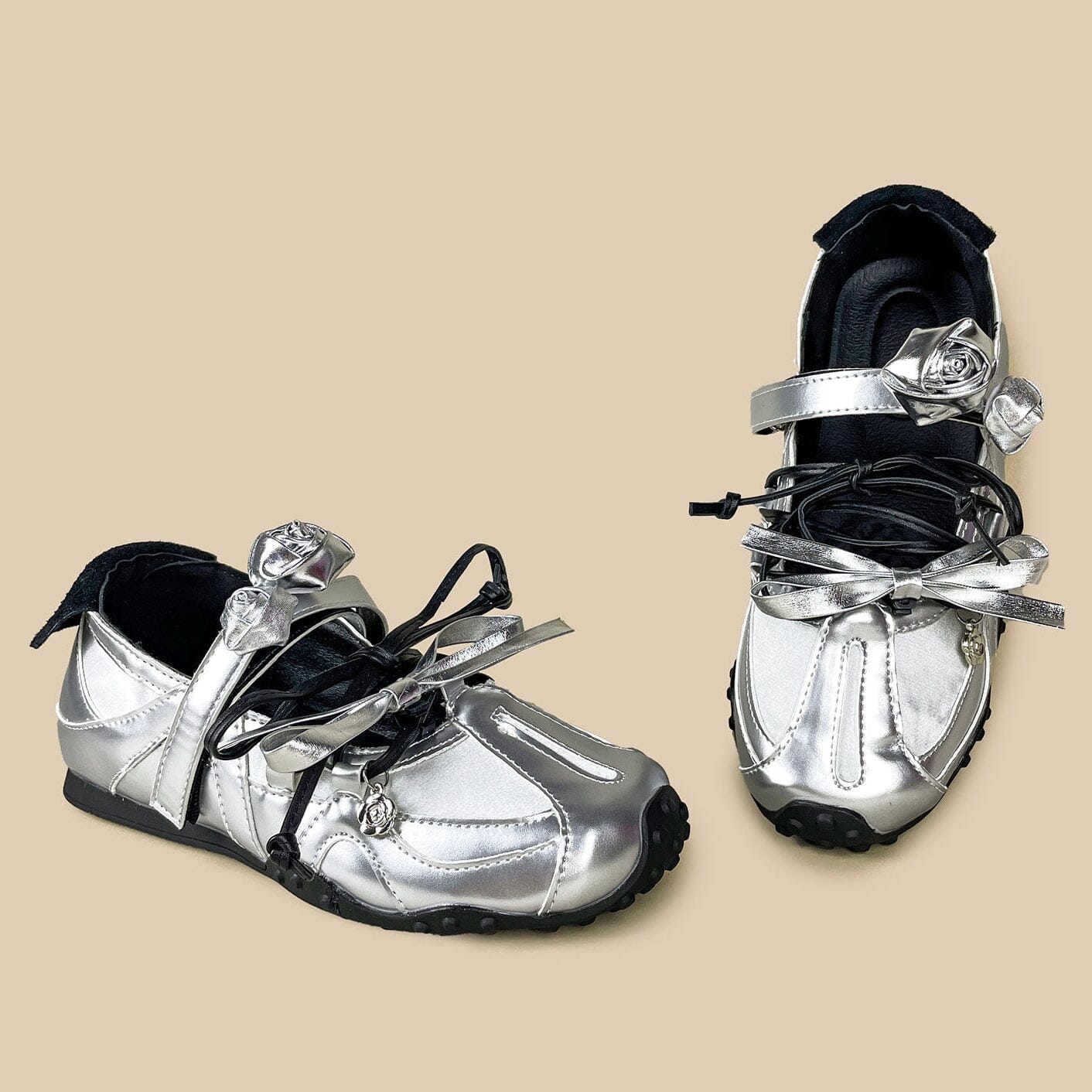 Silver Rose Ribbon Kawaii Sneakers – Women's - Image 3