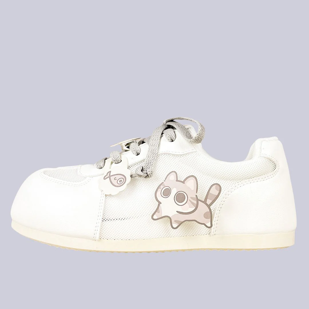 Tabby & Fish Kawaii White Mesh Sneakers – Women’s
